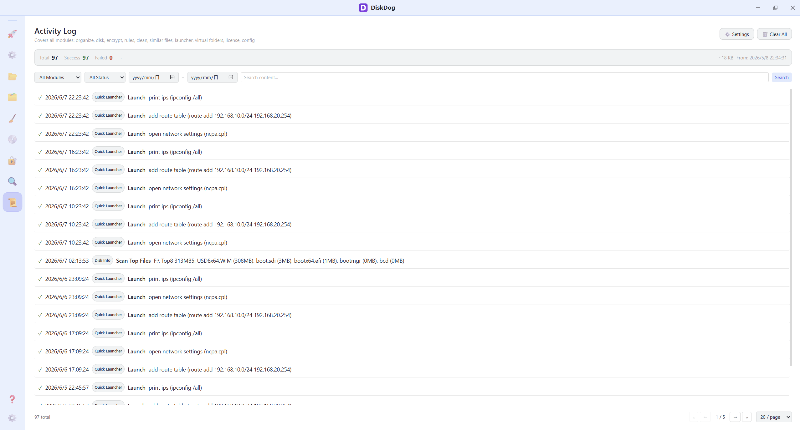 Activity log entries with module and status badges