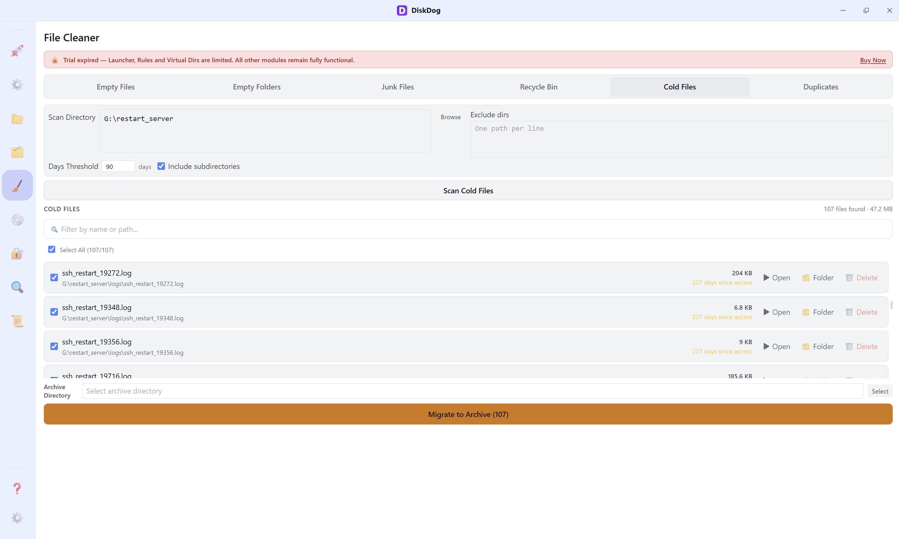 Cold files scan results in Disk Info